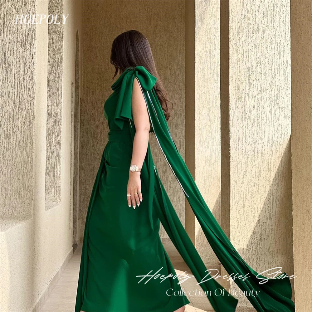 Hoepoly High Neck Sleeveless Beading Pleat Elegant Mermaid Evening Dress Floor Length Sweep Train Luxury Long Prom Gown New