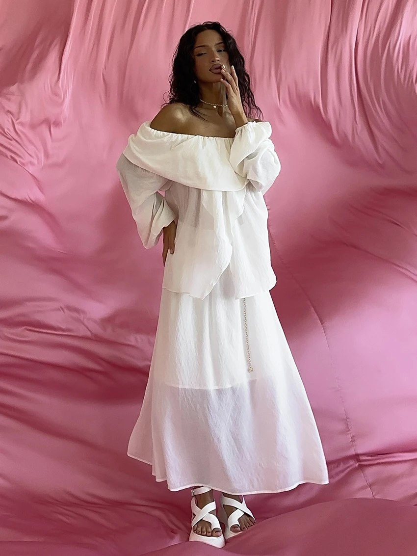 Marthaqiqi White Loose Ladies Nightgown Suit Long Sleeve Pajama Sexy Slash Neck Nightwear Long Skirts Casual Femme Sleepwear Set