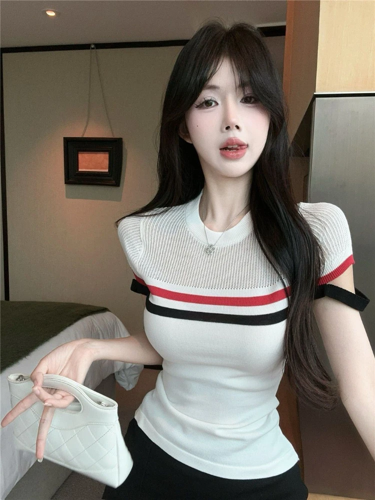

White Transparent Short Sleeved Pullover Women 2025 Summer Slim Fit Waist Striped Versatile Knit Crop Top Thin Sweater