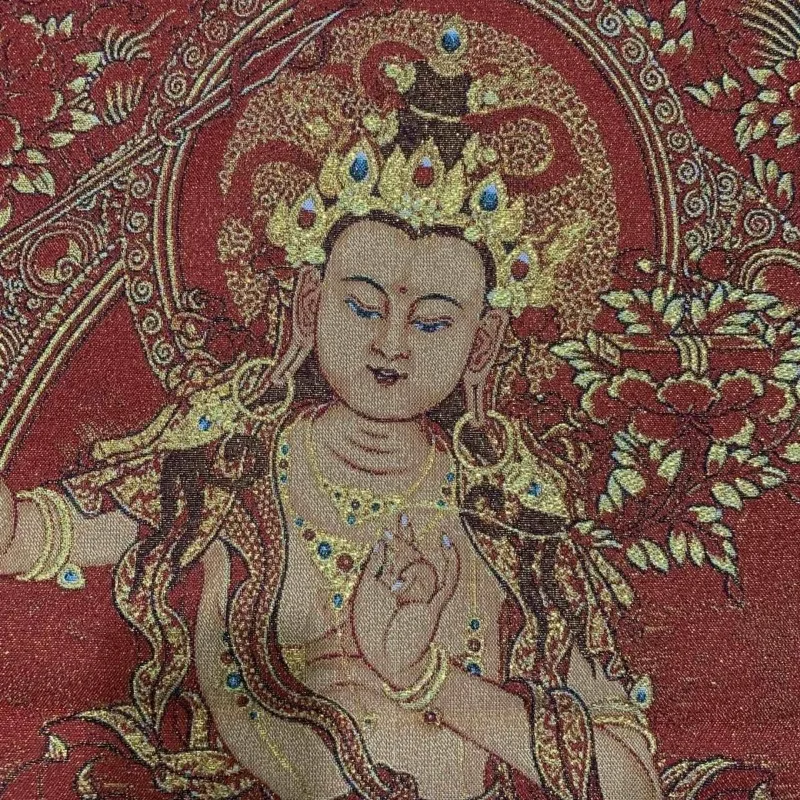 35.4″ Manjusri Bodhisattva Statue Brocade Tibetan Tangka Embroidery Painting Gold Thread Embroidery Decorative Hanging Pictures