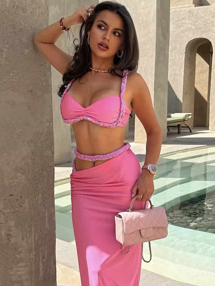 Conjunto de 2 peças de plait para festa de praia, conjunto de 2 peças, conjunto de sutiã feminino, skinny, saias, bandagem de fenda lateral, tendência de férias com ruched