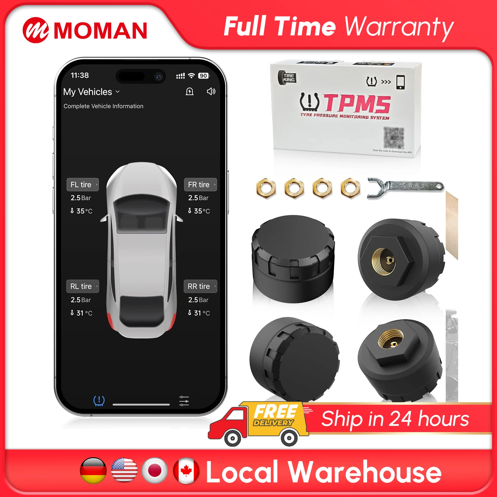 Moman RV Tire Pressure Monitoring System, New Car TPMS Sensors Set of 4, Tire Pressure and Temperature Alarm