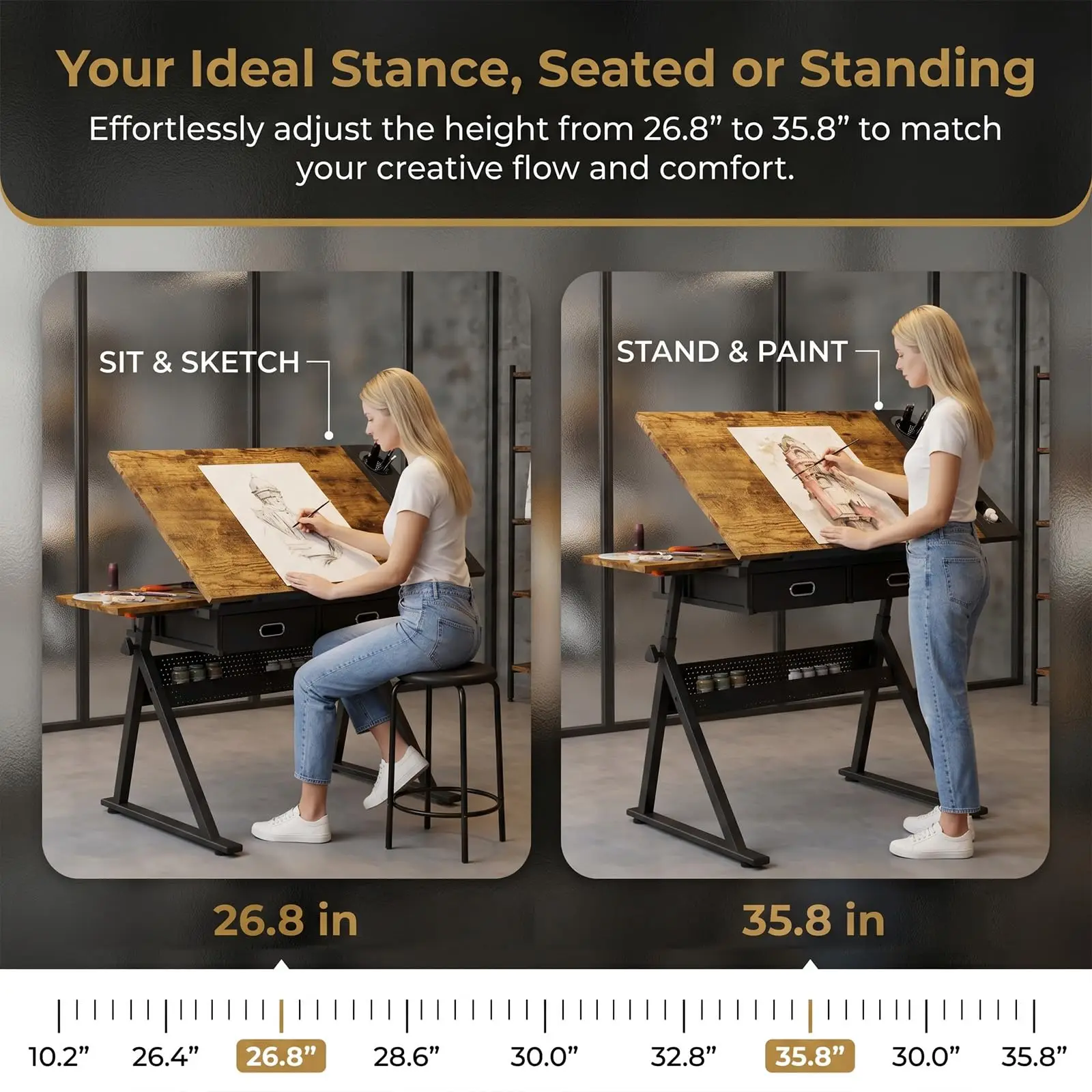 Height Adjustable Drafting Table w/Stool, Painting Table Art Craft Desk Crafting Ding Desk with ing Tabletop, 2 Storage