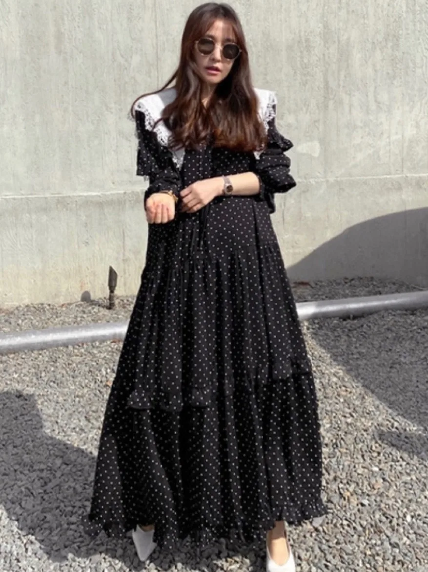 

Chic Spring New Sle Loose Bubble Sve Long Polka Dot Dr Women's Faionable Lace Naval Collar Dr Commute Sle