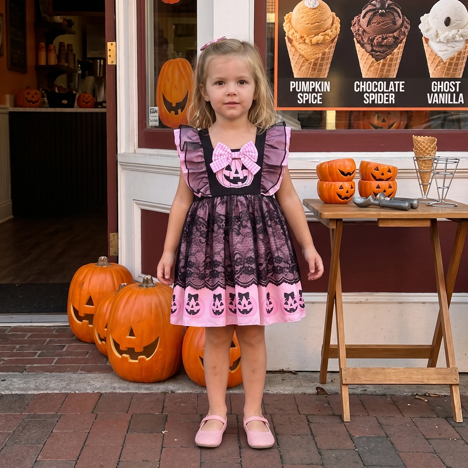 1-5Y Toddler Girls Halloween Party Dress Pumpkin Applique Flying Sleeve Lace Dress Festival Halloween Costume