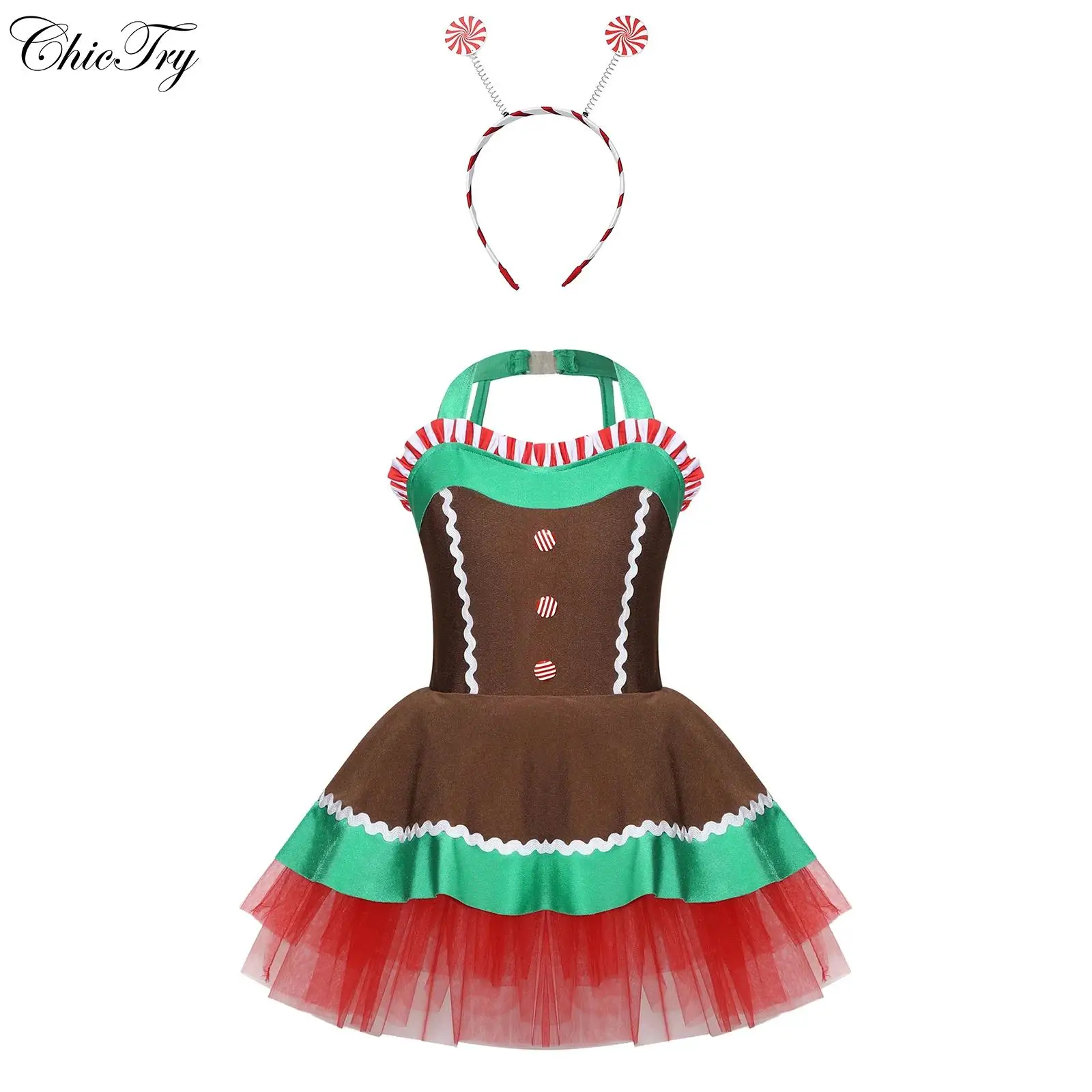 أطفال بنات عيد الميلاد حلوى قصب الزنجبيل رجل زي بلا أكمام مفتوحة الظهر يوتار توتو فستان ارتداءها مع هيرباند الشعر هوب #1