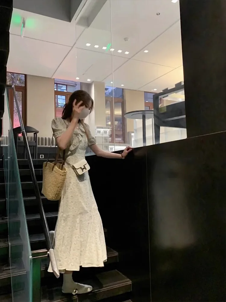 Spring Faion Blumendruck Tea Break Dr Damen Taillen-Cinching Bubble Sve Langer A-Linien-Rock Korean Sle ort Sve