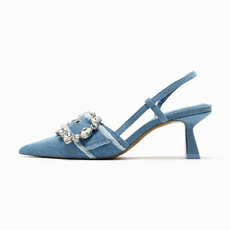 Denim niebieskie sandały damskie eleganckie buty na wysokim obcasie Slingback buty ze szpiczastym noskiem moda projektant Rhinestone kobieta