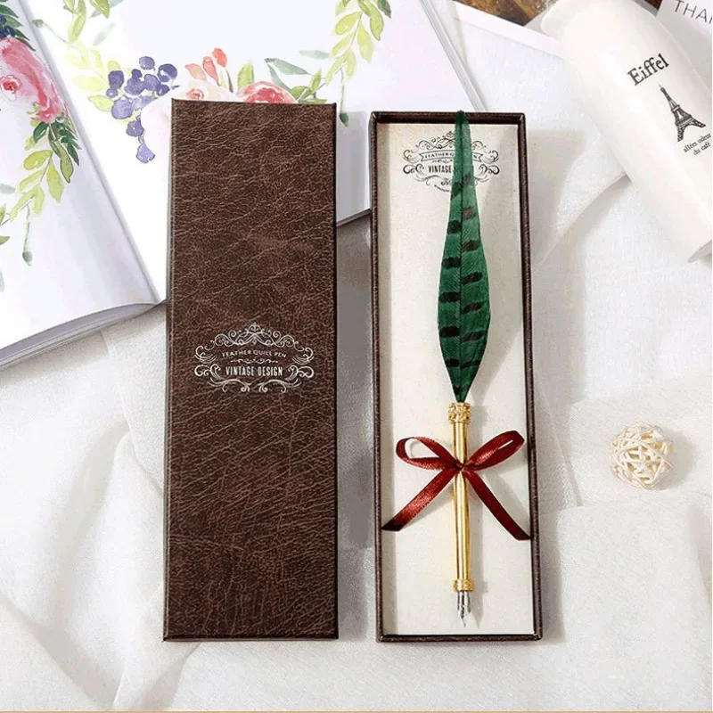 European Luxury Retro Pearl Feather Fountain Pen Student Office Dip Pen Christmas Business Advertising Gift Box