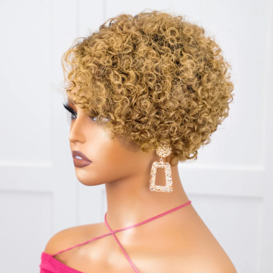 Peruka Pixie Cut Krótki Bob Kręcone Włosy Naturalne Peruki z Włosów Ludzkich 13x1 Lace Front Transparentna Peruka z Koronką Deep Wave Preplucked Ombre Blond 1B/27