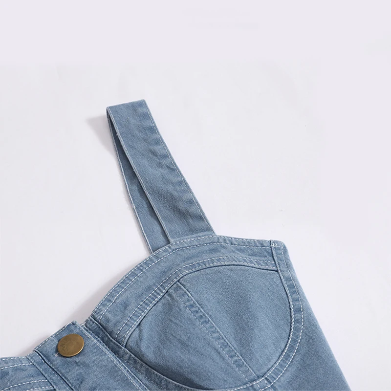 Setelan Denim polos untuk wanita, setelan Tank top tanpa lengan Single Breasted Vintage dan rok lipit A-line pinggang tinggi warna polos untuk wanita