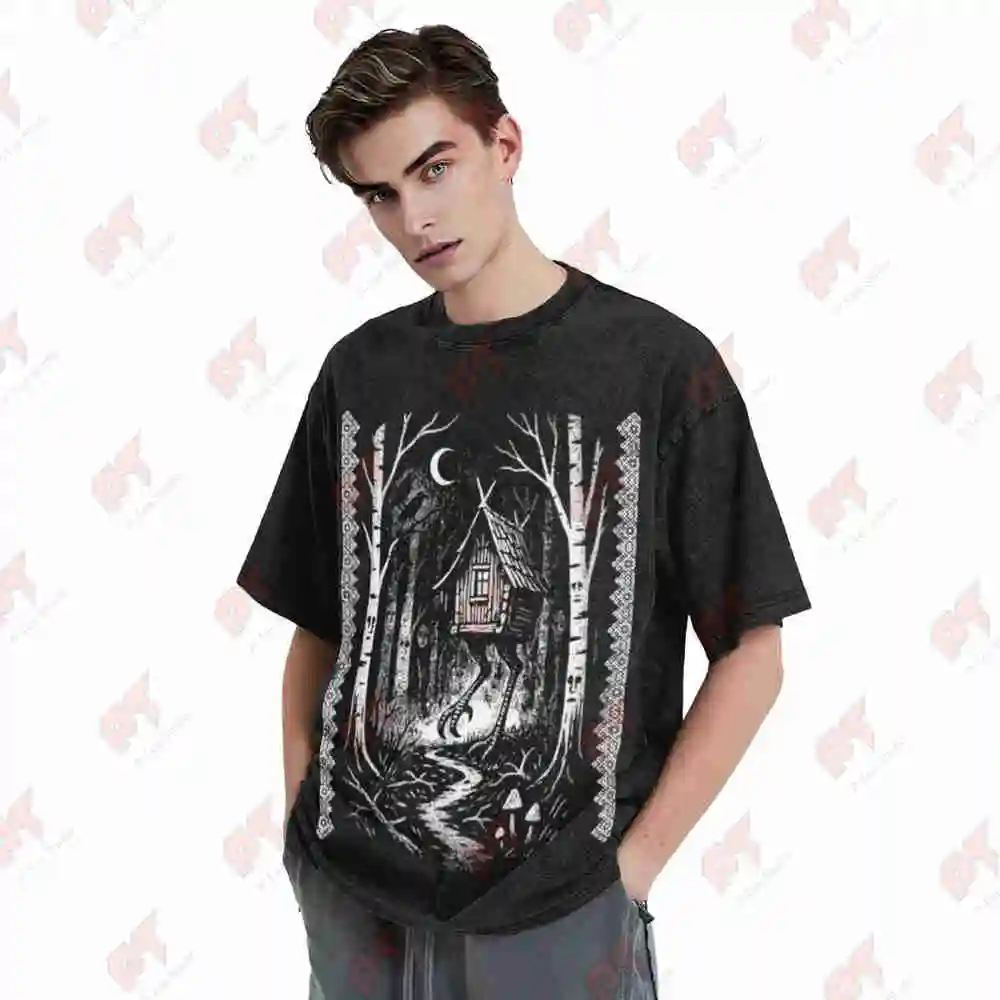 Baba Yaga Hut Slavic Folklore Occult Forest Witch Vintage Washed Tee Pure Cotton T-Shirt view 3