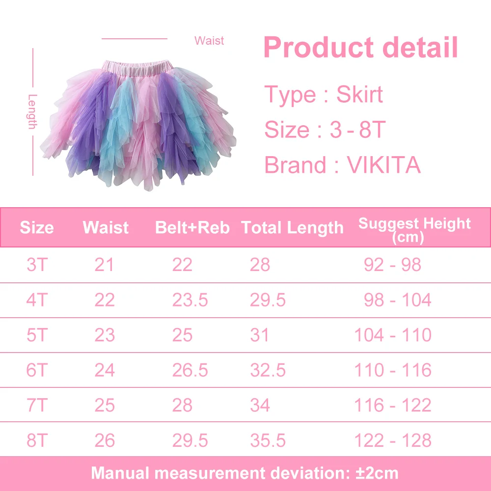 VIKITA Girls Tutu Mesh Tulle Layered Skirts Kids Birthday Party Casual Performance Prom Princess Mini Skirt Children Clothes