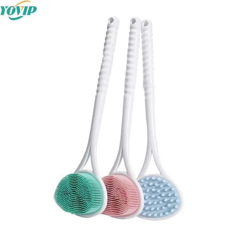 Silicone Double Side Brush Head Back Scrubber Shower Brush With Long Handle Dry Skin Exfoliating Body Massage Cleaning Tool