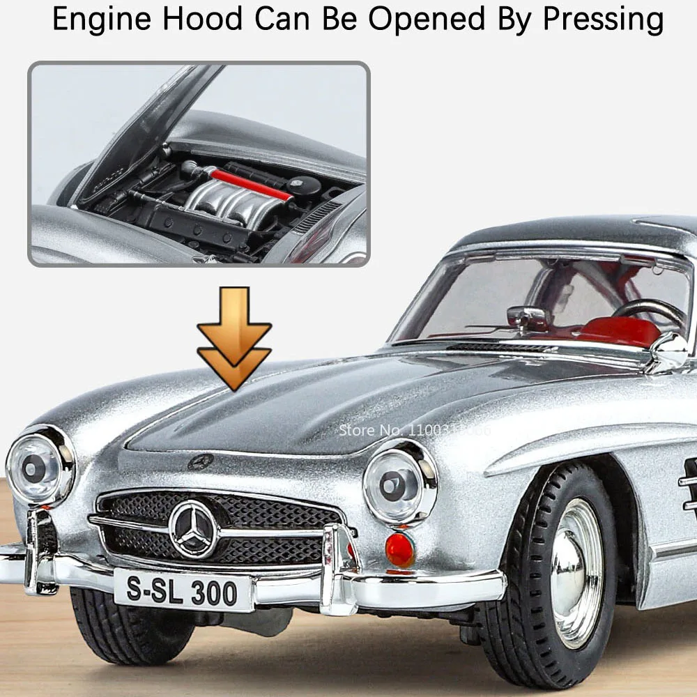 1:24 300SL Alloy Toys Diecast Models Cars 4 Doors Opened Vehicles Light Music Wheel Steering Vintage Car Children's Day Gifts