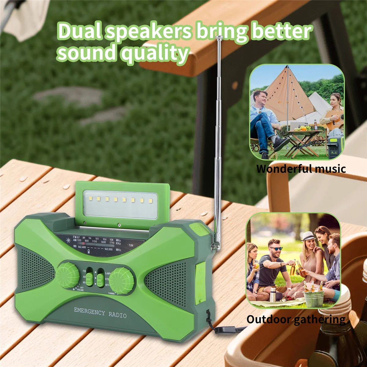 Radio d'urgence efficace 10000MAh, manivelle solaire avec chargeur, LED vert