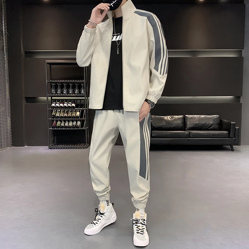 Spring And Autumn New That Is Sports Suit Loose Drawstring Solid Color Pants Casual Round Neck Striped Zipper Jacket