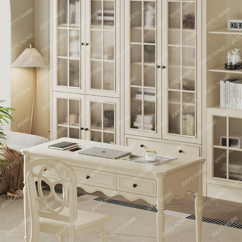 XX L  White Solid Wood Bookcase Simple Floor Standing Bookcase Bookshelf  Cream Wind Glass Door Storage Cabinet