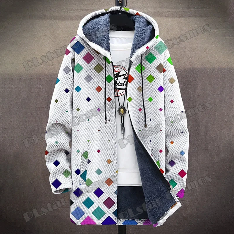 Men's Winter Fashion Long Hooded Coat Colorful Square Pattern 3D Printed Unisex Plush Thick Long-sleeved Fleece Jacket Coat AZ03