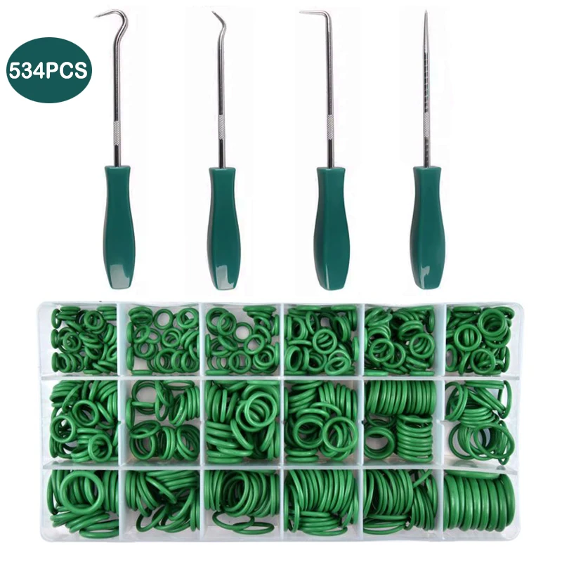 534 PCS Green O‑Ring Gasket Set with Seal Pick Tools for Car Air‑Conditioning Compressor, Pipeline Sealing, Auto Pipe Repair Kit