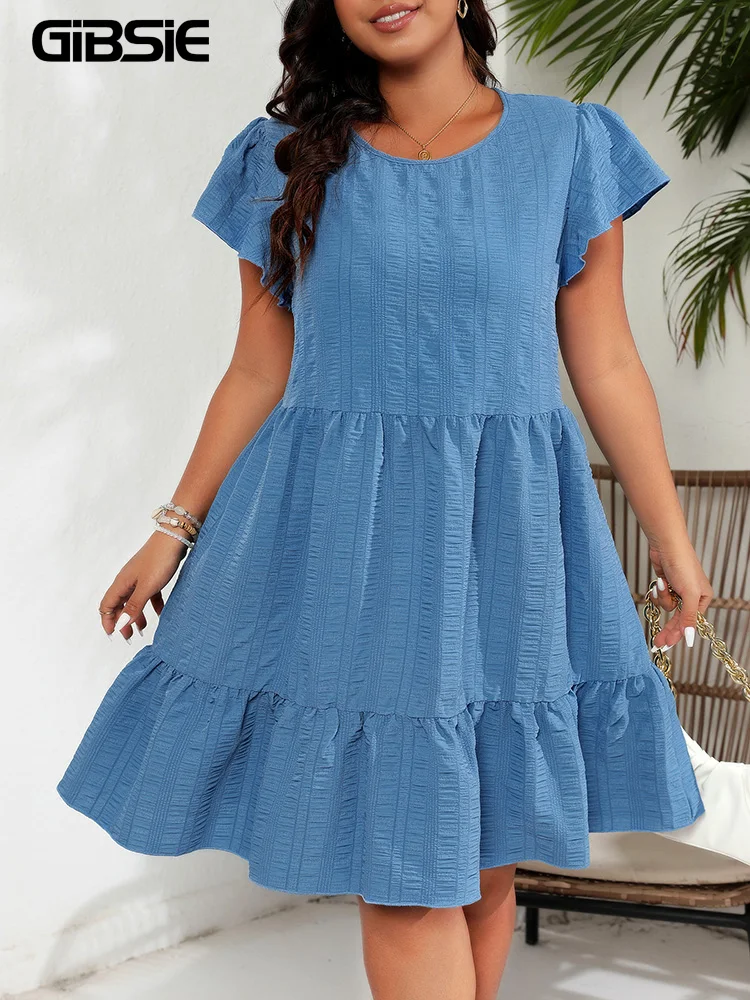GIBSIE Plus Size Solid Round Neck Butterfly Sleeve A-Line Dress Summer Women Vacation Casual Ruffle Hem Short Dresses 2025 New