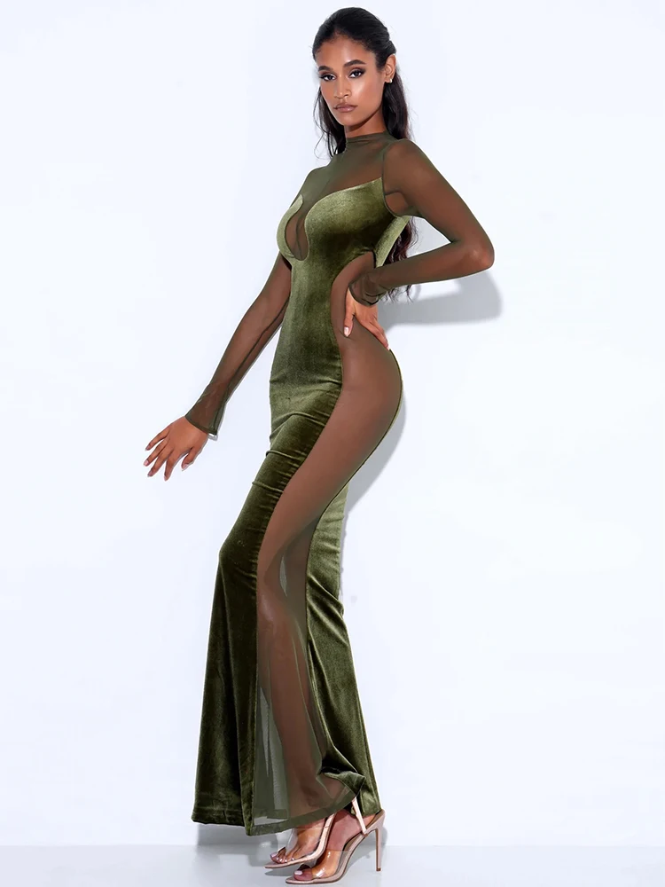 Articat retalhos sexy ver através de malha vestido de mulher verde manga longa vestido de noite feminino outono magro elegante festa clubwear