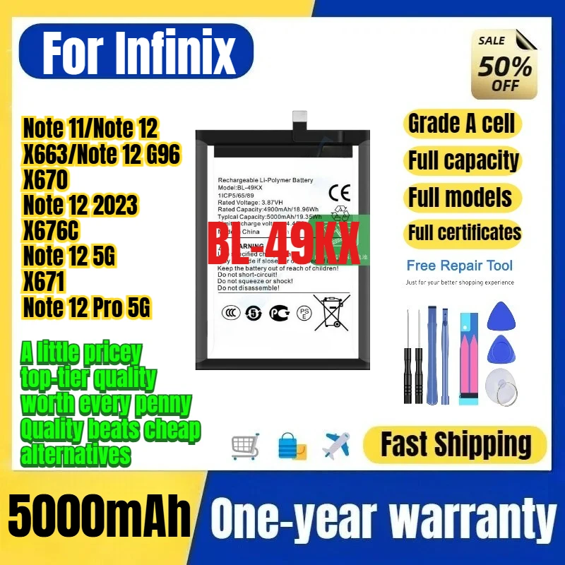 BL-49KX for Tecno Infinix Note 11/12/12 G96/12 2023/12 5G/12 Pro 5G/X663/X670/X676C/X671 Phone Battery Replacement Bateria