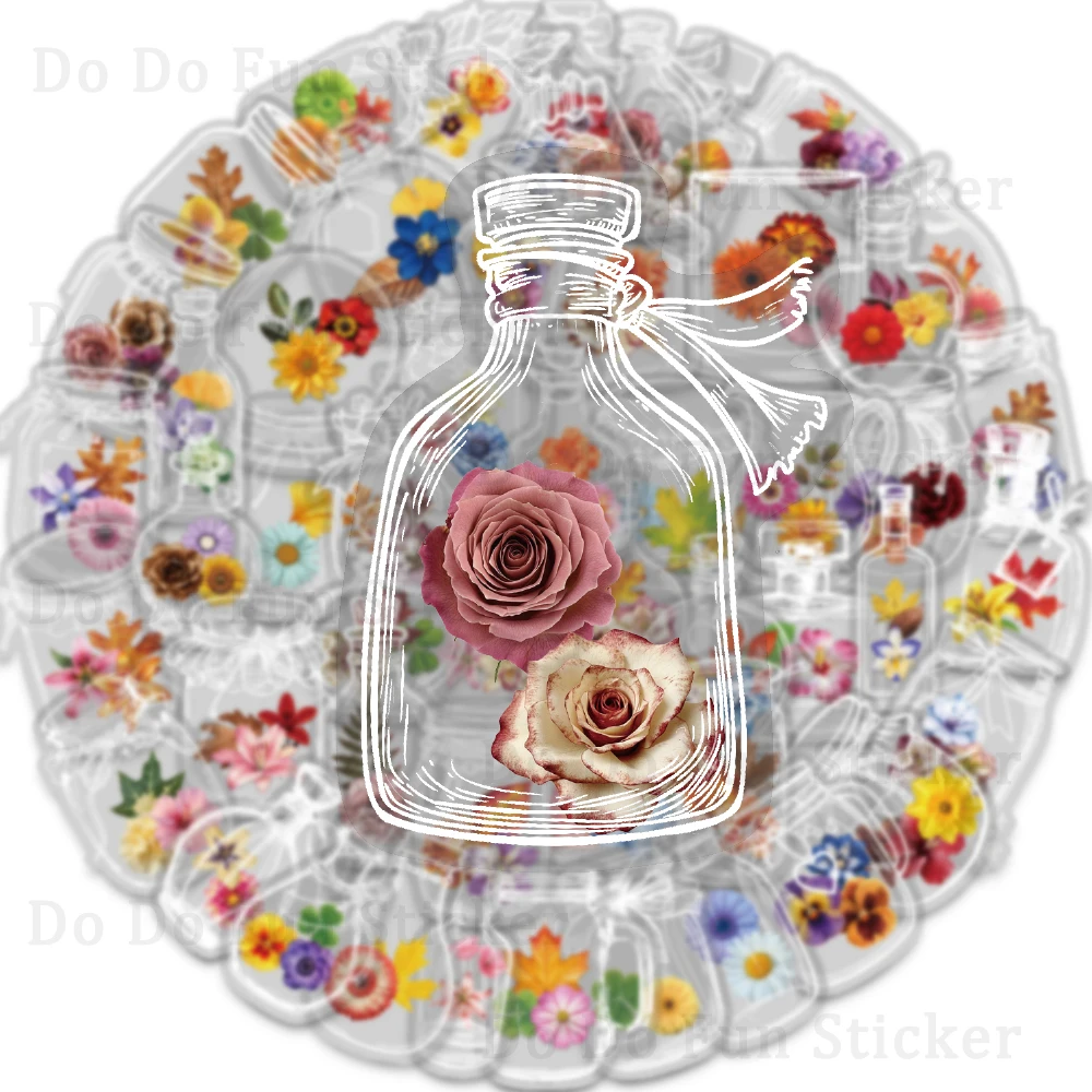 Bottiglie di vetro da 50 pezzi con adesivo in PET con fiori secchi, impermeabile, resistente all'olio, trasparente, arte romantica, collezione regalo di fiori colorati