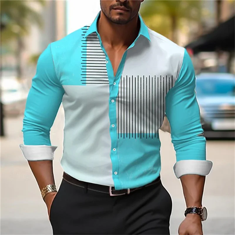 Business casual men's shirt 3D geometric print men's casual button long sleeved shirt men's spring, summer, autumn top men's 5XL