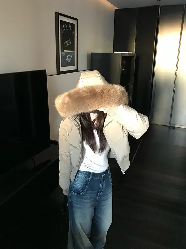 Inverno New Street Trendy Design Colletto in lana staccabile Abito in cotone Corto da donna, Vita nascosta, Piccoli panni ispessiti