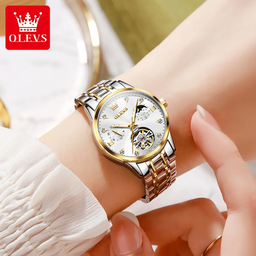 OLEVS Original Moonswatch for Women Automatic Mechanical Watch Skeleton Deisign Elegant Female Waterproof Clock Lady Wristwatch