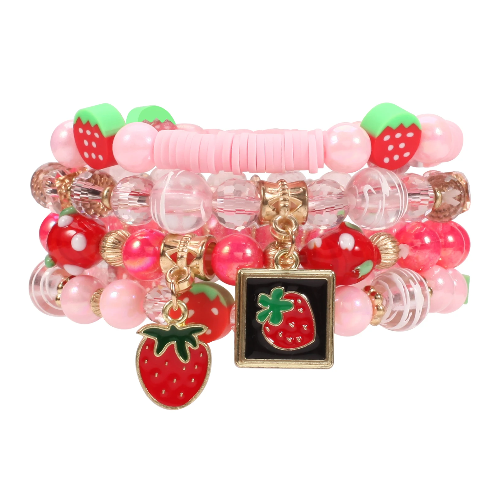 Bracciale elastico per ragazza in cristallo artificiale con perline di plastica con ciondolo a forma di fragola impilabile bohémien