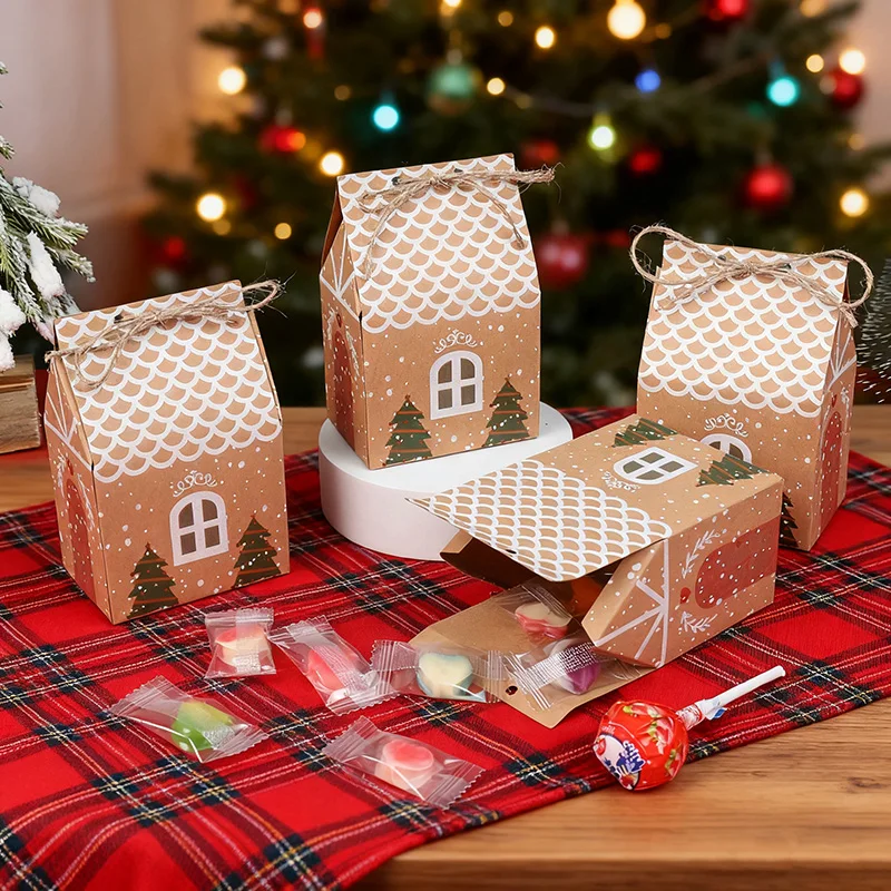 10-50 Stücke Hausförmige Geschenkbox Weihnachten Kraftpapier Süßigkeiten Kekse Verpackungsbox Weihnachten Neujahr Party Dekoration Kinder Gefälligkeiten – Detail 2