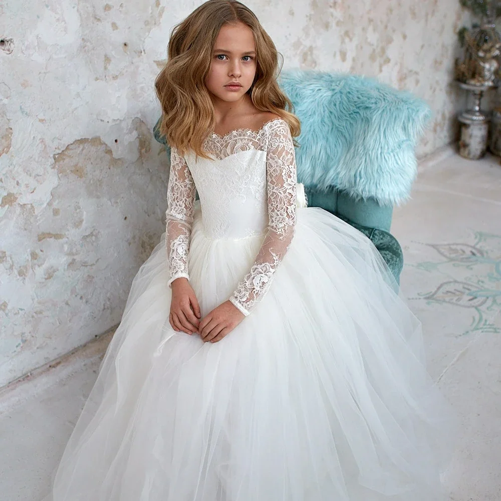 Flower Girl Dress Wedding Elegant Tulle White Lace Printing Bow Girls Kids Birthday Gift First Communion Gown Bridesmaid Dress