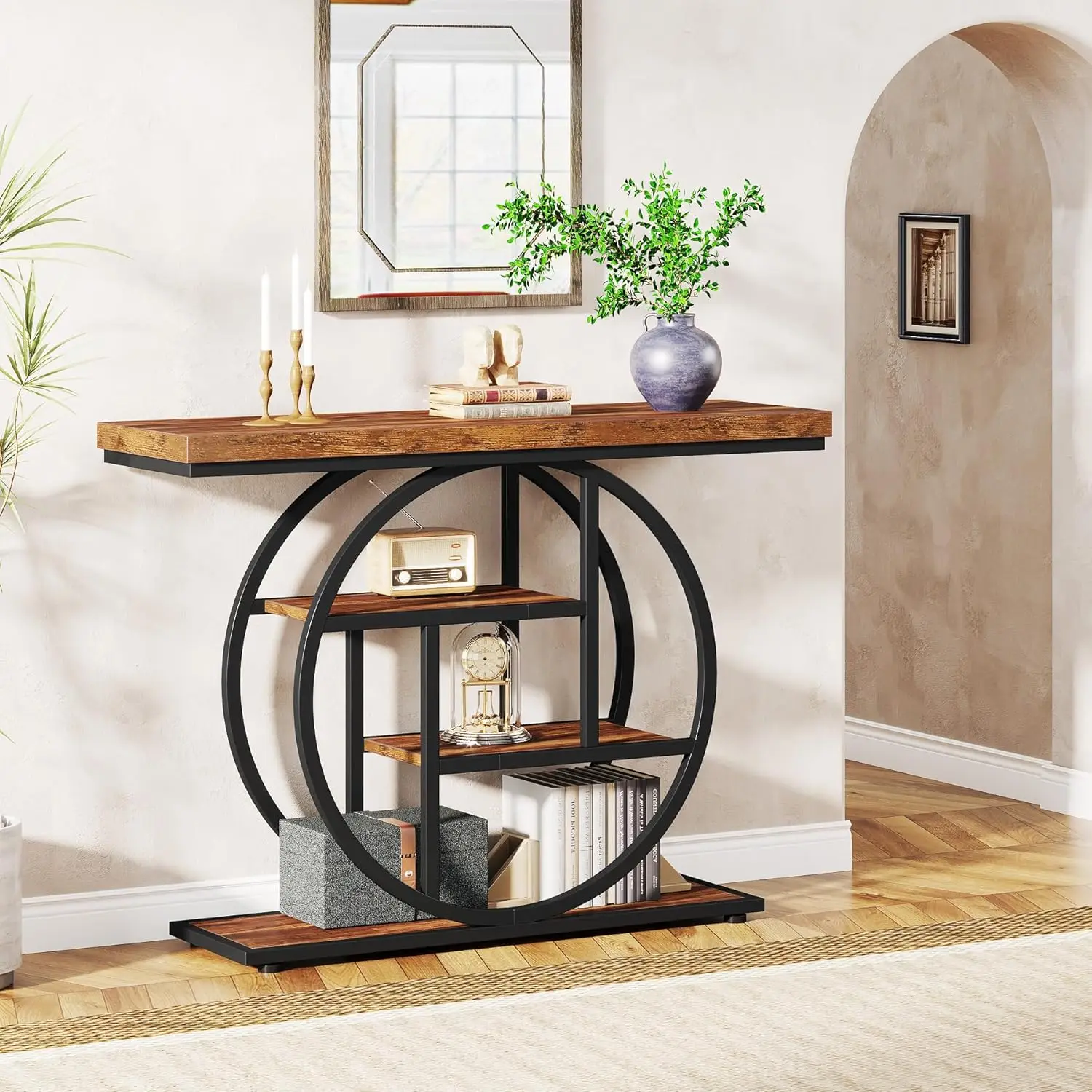 41.3" Console Table, 4-Tier Sofa Table Entryway Table with Circle Base, Narrow Wood Accent Tables with Storage Shelves image 3