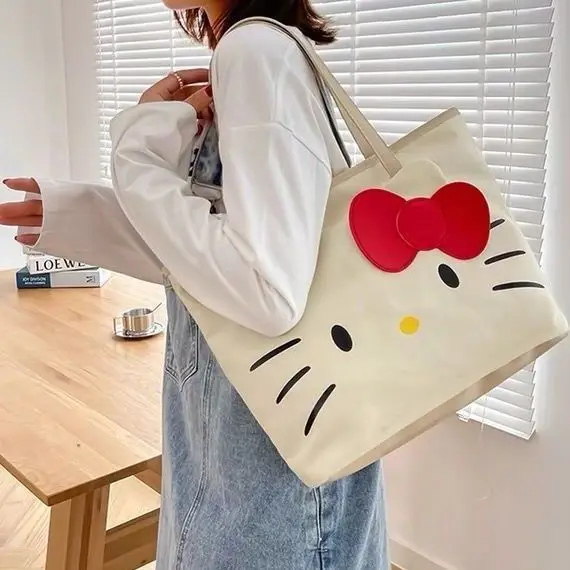 Sanrio Hello Kitty Woman Tote Bag Girls 2024 Trend New Travel Large Capacity Storage Cartoon Cute KT Canvas Handbag Shoulder Bag