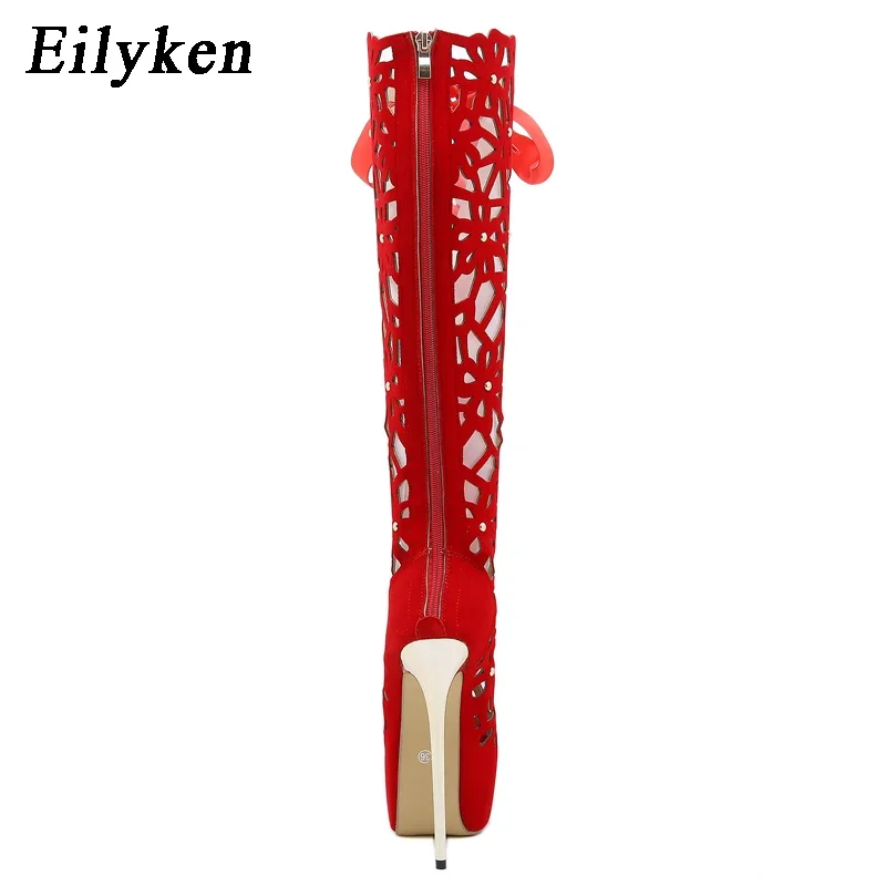 EilyKen Ankle Lace-up Open Toe Flowers Women Boots Sandals Sexy Big Red Wedding Party High Heels Ladies Fashion Shoes - view 4