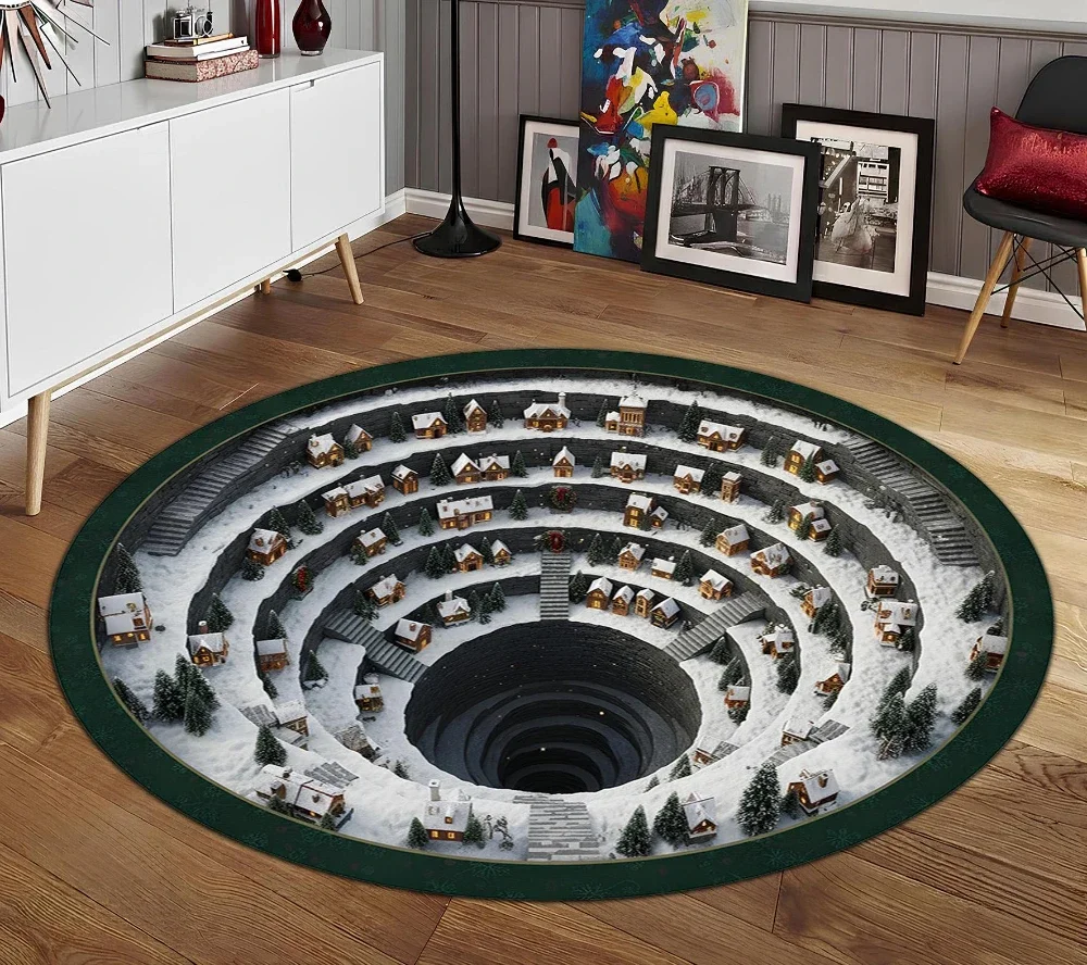 Winter Snow Village Spiral Vortex graphics Circle Rug,living room,christmas dining room floor,hallway indoor decor Rug Present