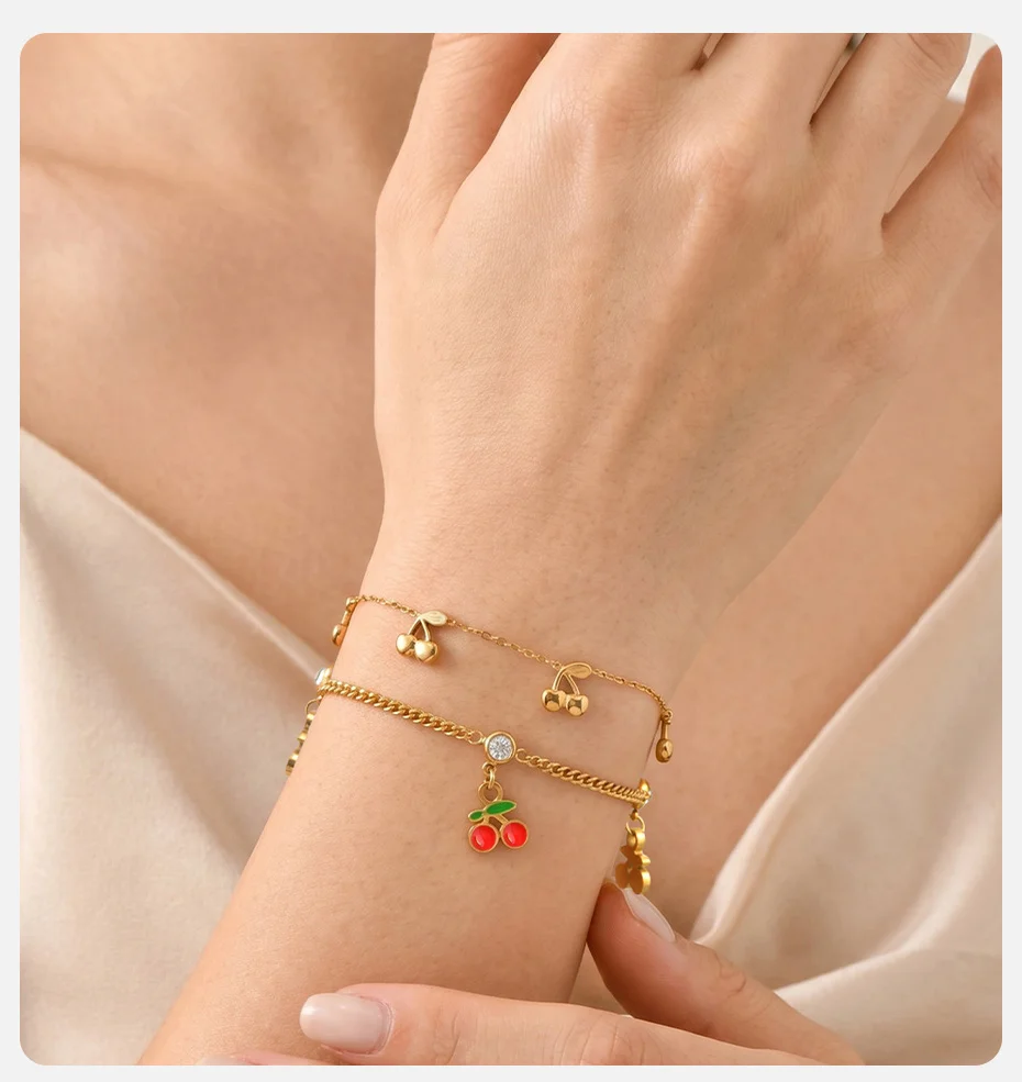 Vnox Vergoldetes Süßes Kirsch-Charm-Armband für Frauen Edelstahl Gliederkette Niedliches Zierliches Früchte-Serie Armband Schmuck – Detail 2