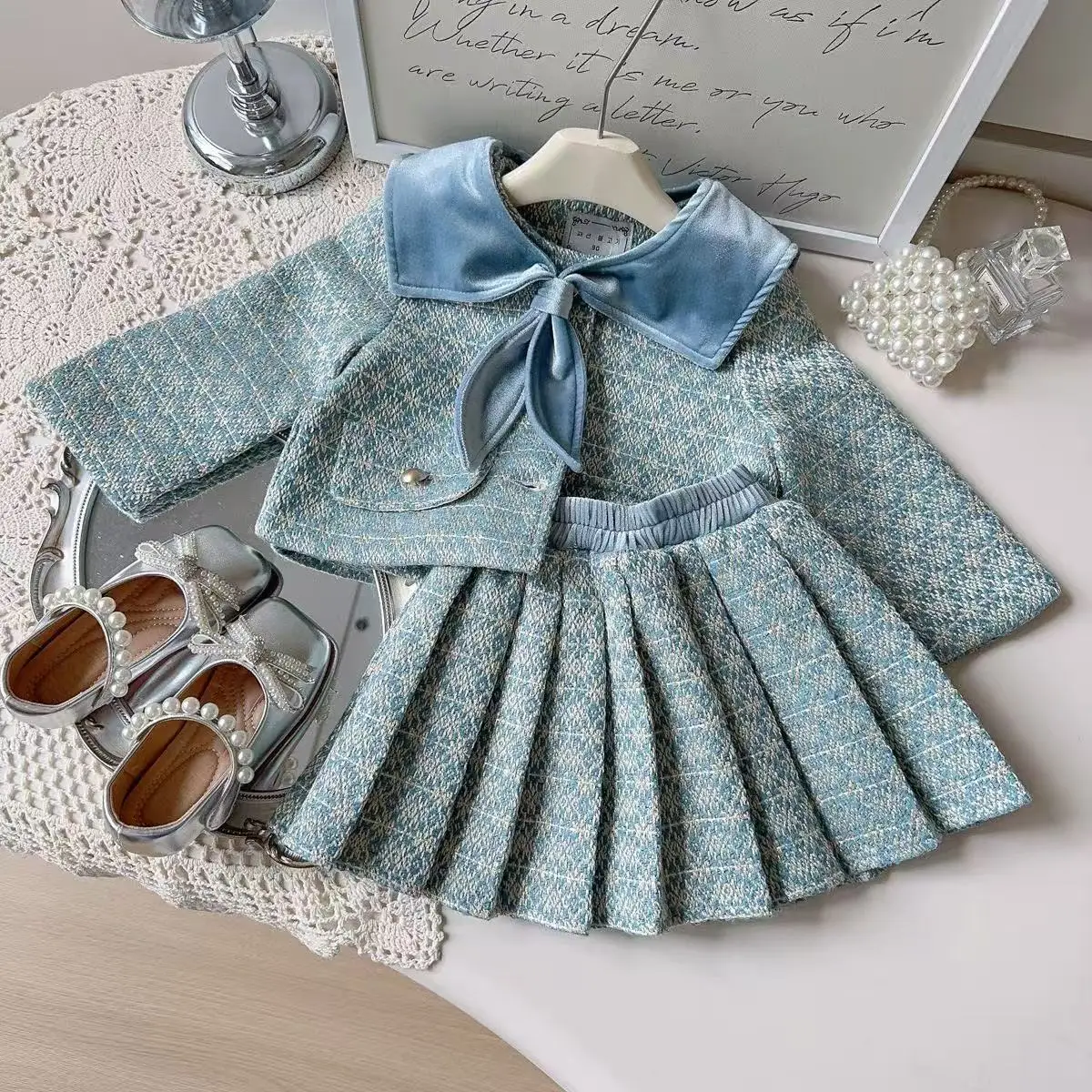Girls' High-end French Princess Set 2026 Spring and Autumn New Children Baby Jackets+Collar+Skirts 3-piece Set