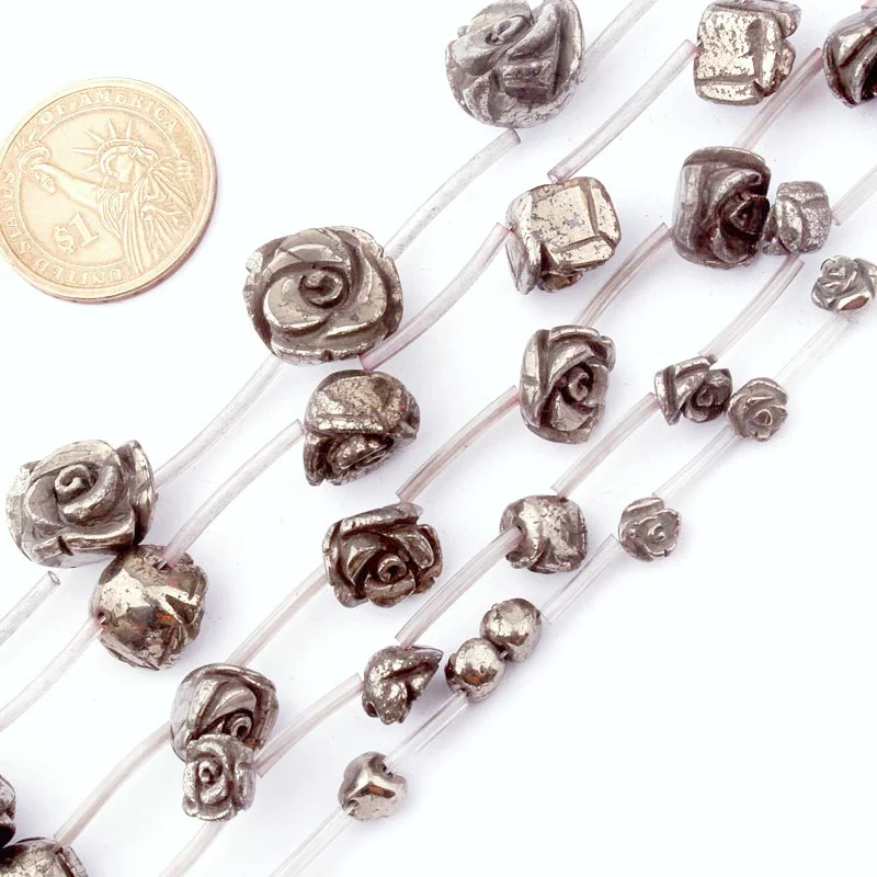 8 10 12 14 16mm Natural Pyrite Carved Rose Stone Beads  For DIY Accessories Earring Necklace Bracelet Jewelry Making Strand 15