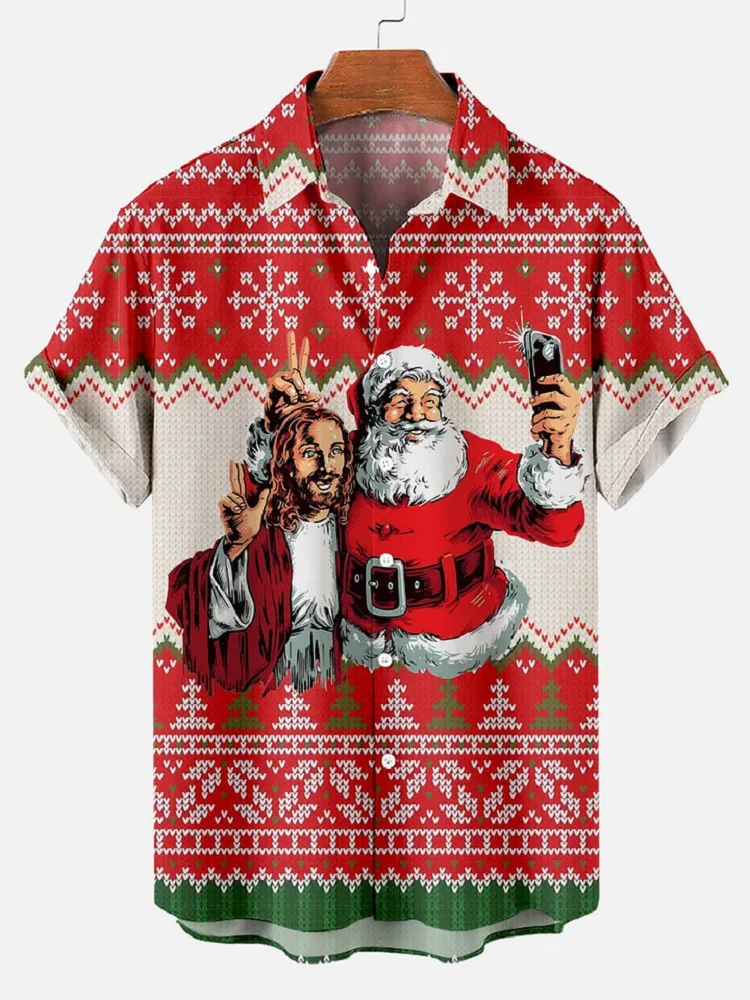 Men's Retro Elk Christmas Hawaiian Shirt Men Women Fashion Cartoon Santa Claus Shirts Short Sleeve Blouse Festive Holiday Top