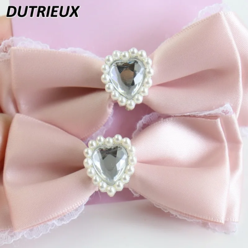 Sweet Lace Bow Hairpin Japanese Style Lolita Cute Duckbill Clip Rhinestone Lace Ribbon A Pair Hair Clip Korean Accessories