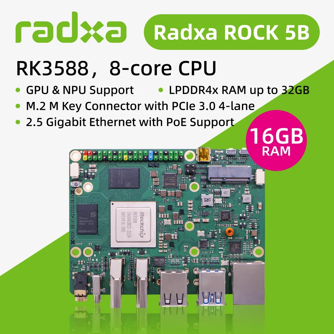 Radxa ROCK 5B SBC 8-Core CPU 8K HDMI M.2 PCIe