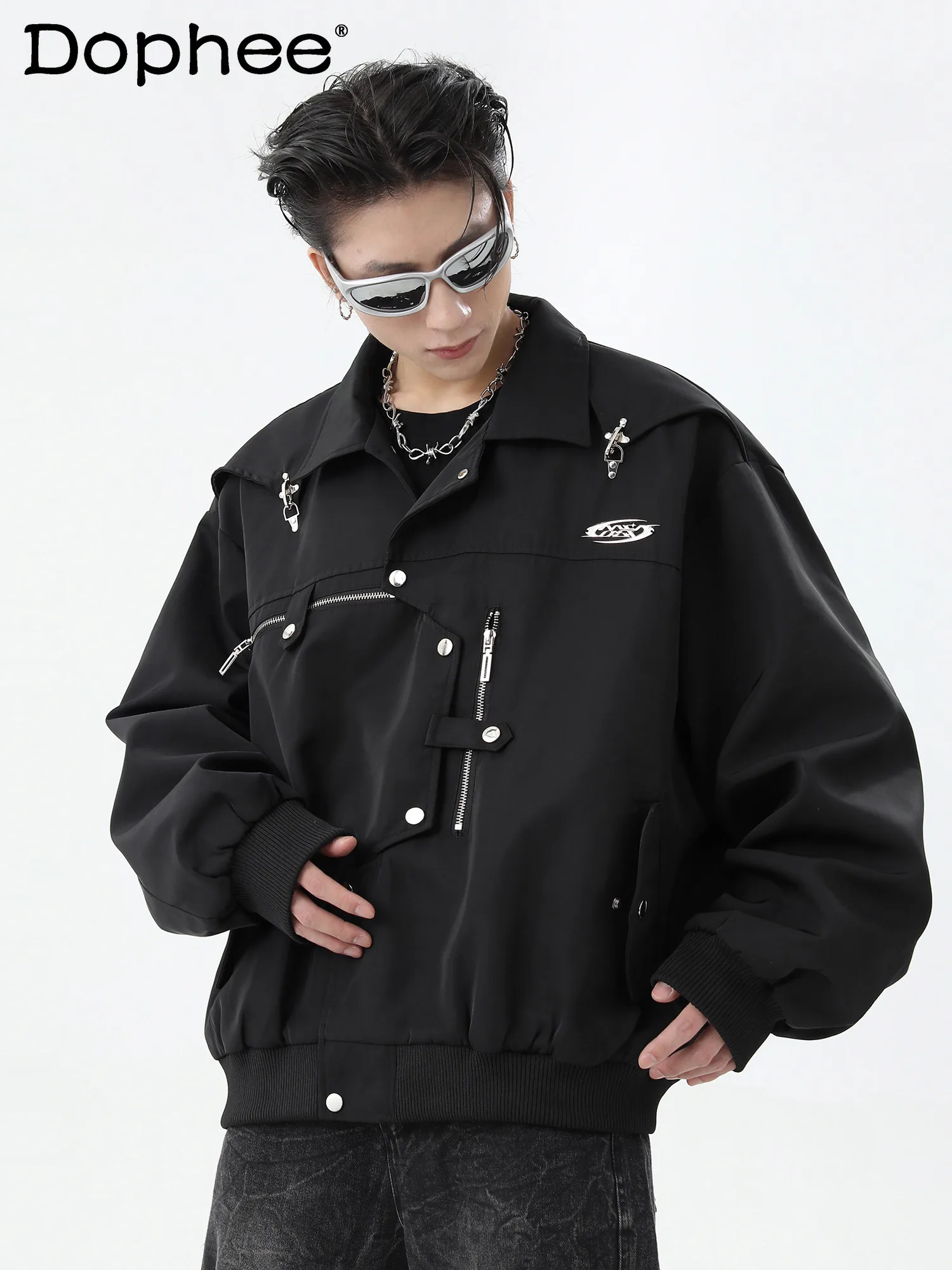 

Men's 2024 Spring Autumn American Style Retro Versatile Casual Coat High Street Metal Aircraft Buckle Jackets Polo Collar Jacket