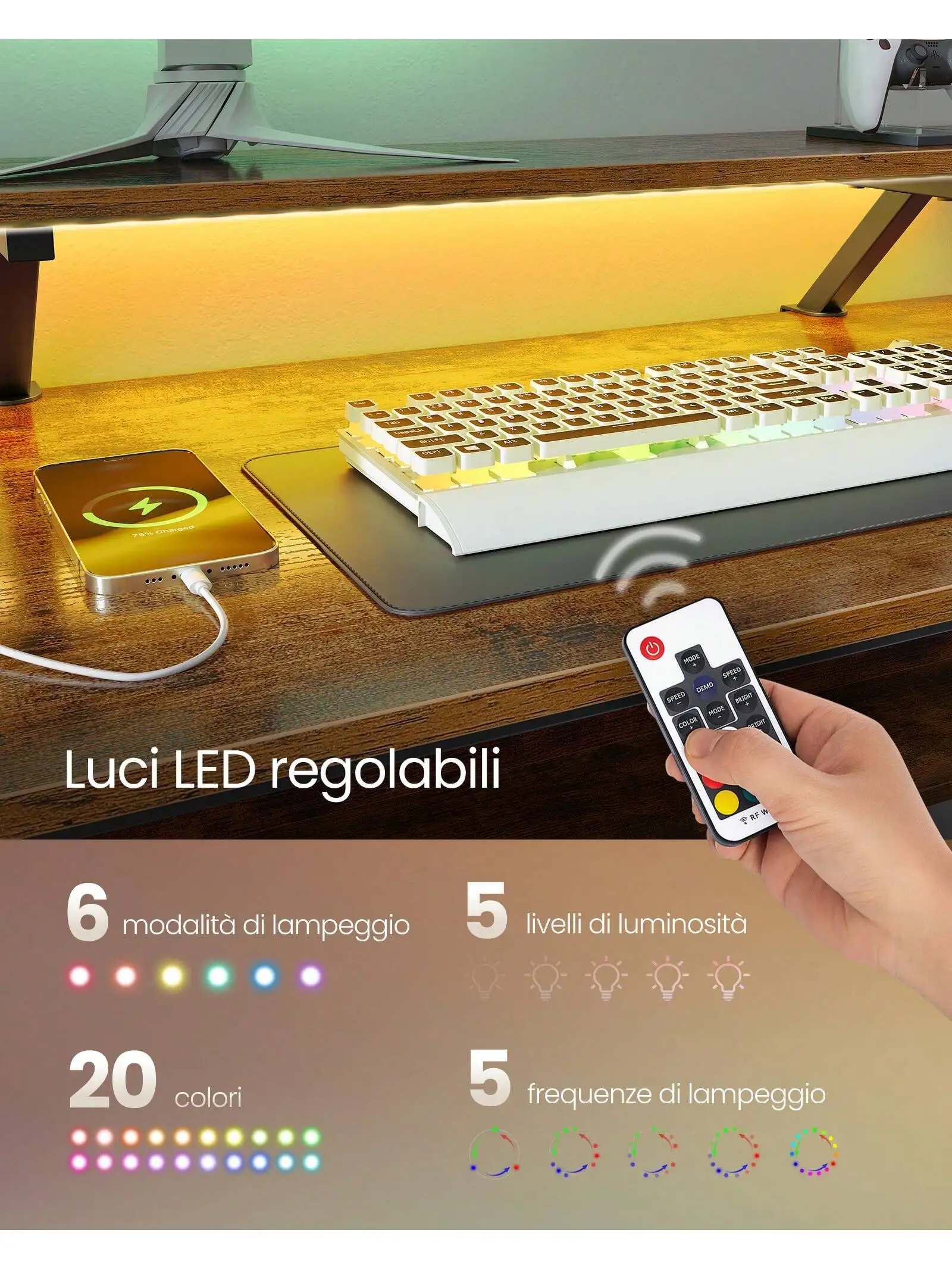 Scrivania da gioco a forma di L VASAGLE: prese di corrente, supporto per Monitor, luci a LED. 2 cassetti, facile montaggio. Ufficio a casa. Marrone