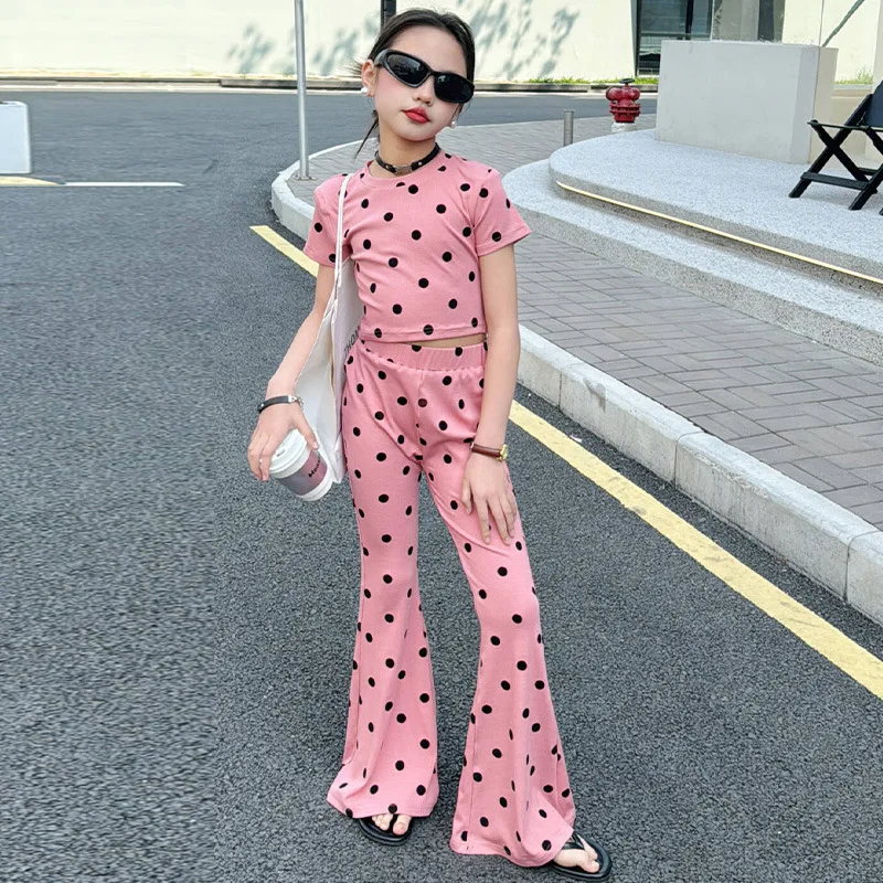 

Girls 2024 temperament polka dot set short long sleeved T-shirt top speaker casual pants two-piece set trendy