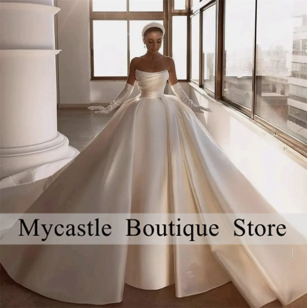 

Luxury Satin Ball Gown Wedding Dresses Women 2025 With Gloves Pearls Off The Shoulder Bridal Gown Customized Robe De Marriage