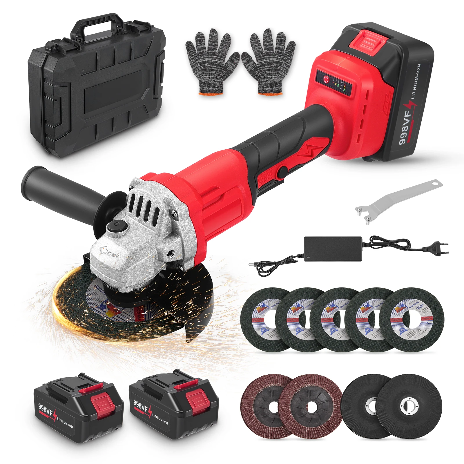 21V Akku-Winkelschleifer, bürstenlos, 900W, 13500 U/min, 3 Geschwindigkeiten, mit 2 Stück 3000mAh Akkus, tragbares Schleif-, Schneid- und Polierwerkzeug für Metall, Holz, DIY & professionelle Arbeiten