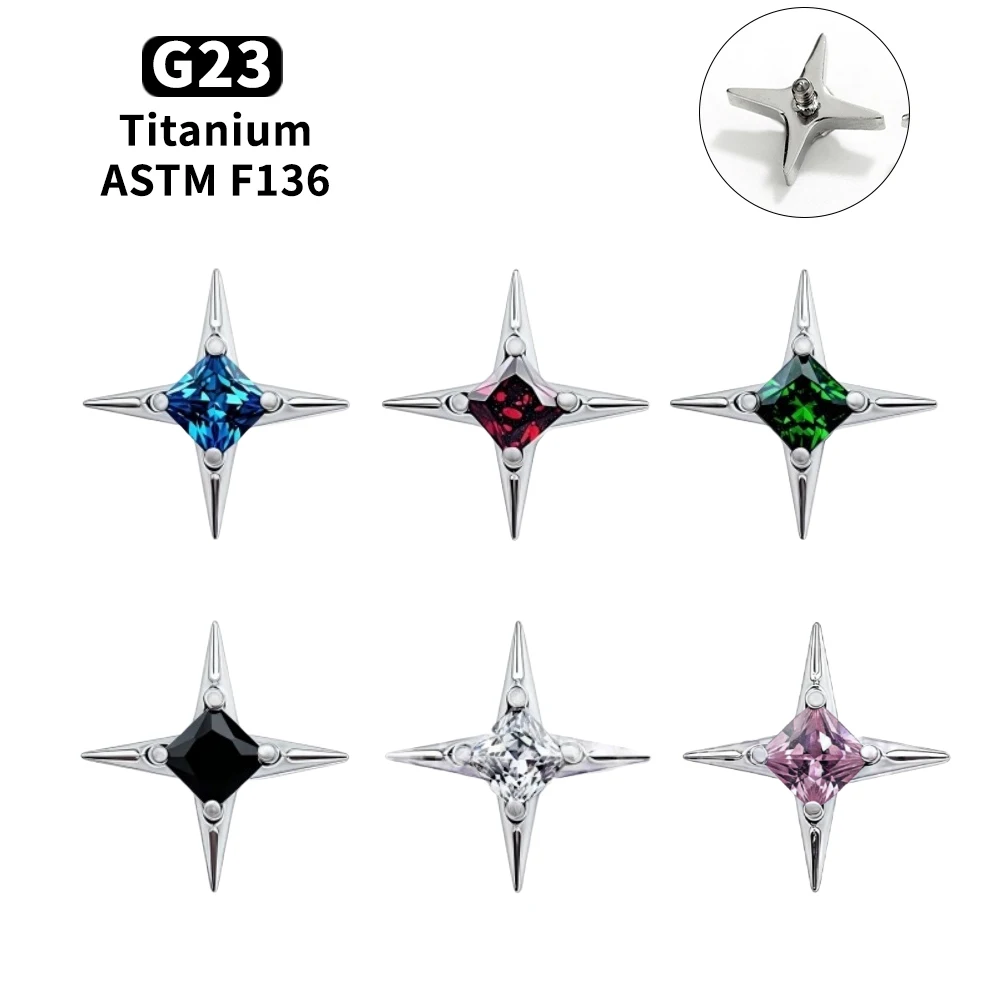 G23 Titanium CZ Square Star Labret Stud Earring